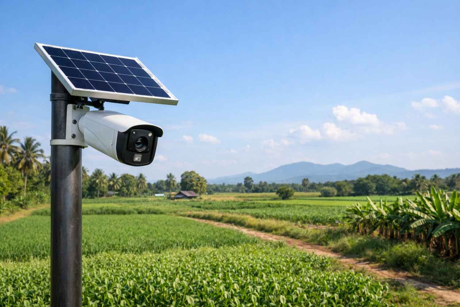 Solar CCTV camera installed on farm and resort property for outdoor security monitoring